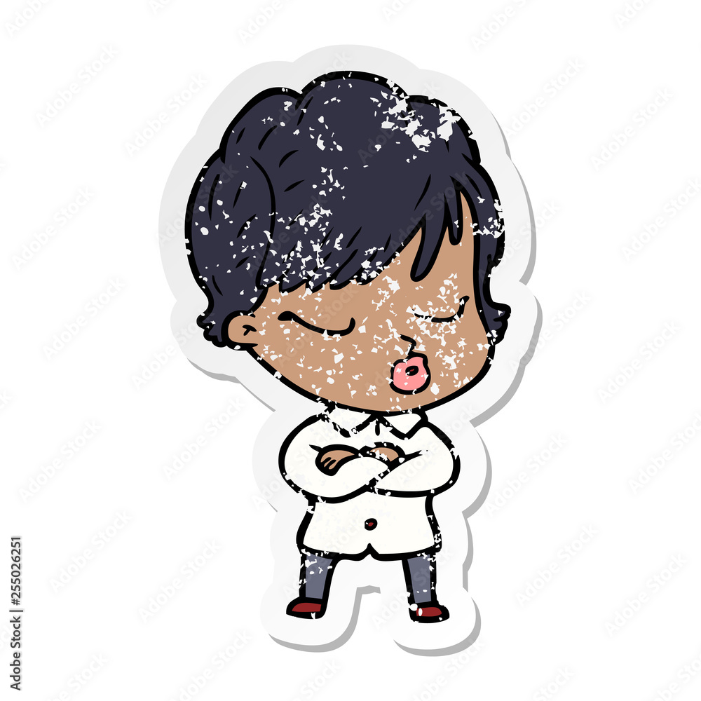 distressed sticker of a cartoon woman with eyes shut distressed sticker of a cartoon woman with eyes shut