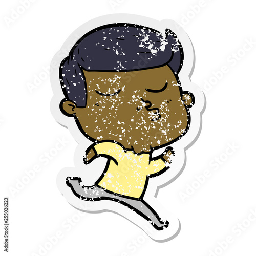 distressed sticker of a cartoon model guy pouting