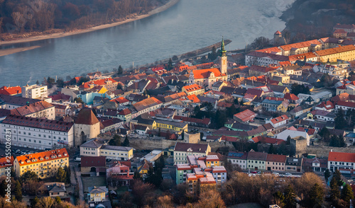 Detail of a Small City near a River at Sunrise. Hainburg an der Donau, Austria.