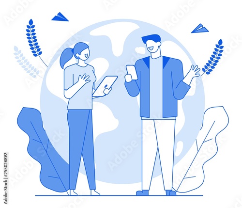 Modern cartoon flat line people characters friends talking,conversation communication concept.Outline young character people friendly conversations emotionally,spending happy time together