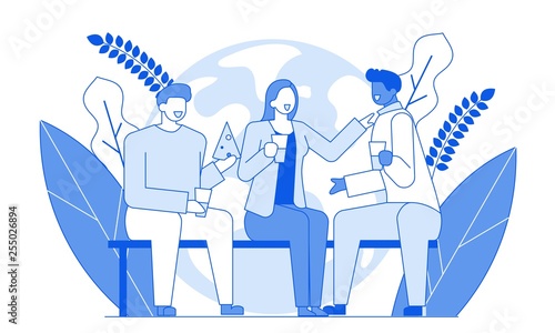 Modern cartoon flat line people characters friends talking,conversation international communication concept.Outline young character people friendly conversations emotionally,spend happy time together © trapezoid13