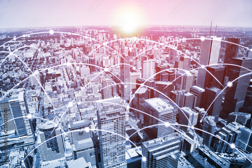 Fototapeta Modern urban skyline with high-speed data and internet communication network