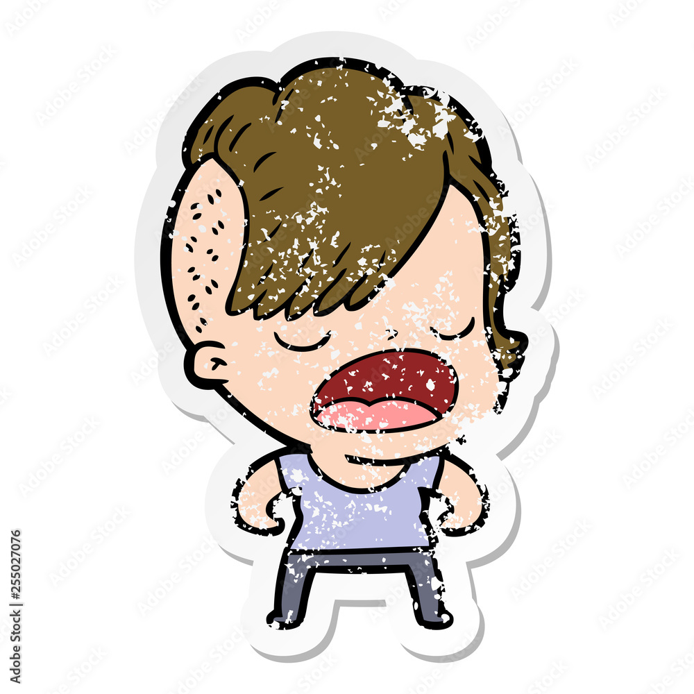Obraz premium distressed sticker of a cartoon cool hipster girl talking