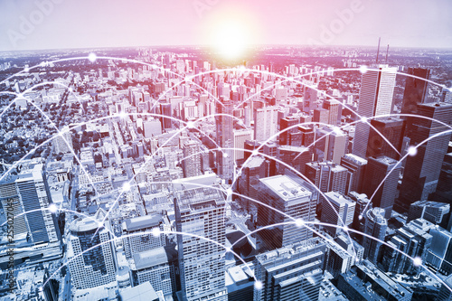 Canvas Print Modern urban skyline with high-speed data and internet communication network