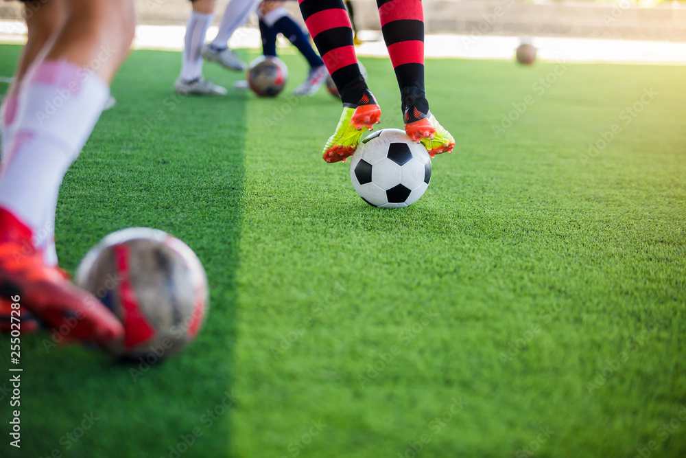 Soccer player speed run to control and shoot ball to goal on artificial turf. Soccer player training and football match.