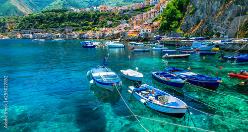 beautiful sea and places of Calabria -Scilla town with traditional fishing boats. south of Italy photo