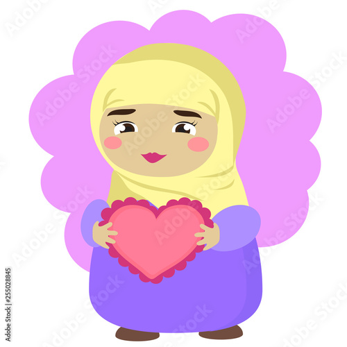 A cute muslim girl holding a pink heart. Vector illustration.
