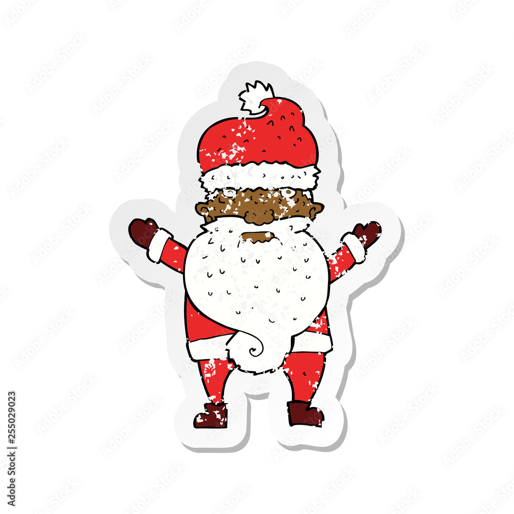 retro distressed sticker of a cartoon grumpy santa retro distressed sticker of a cartoon grumpy santa