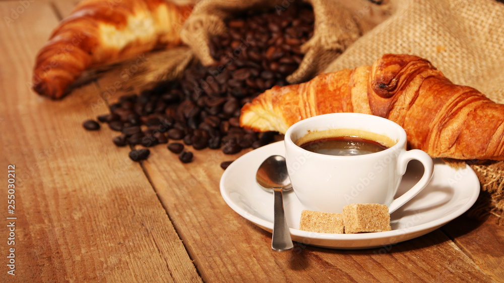 Coffee white cup and croissants Coffee white cup and croissants