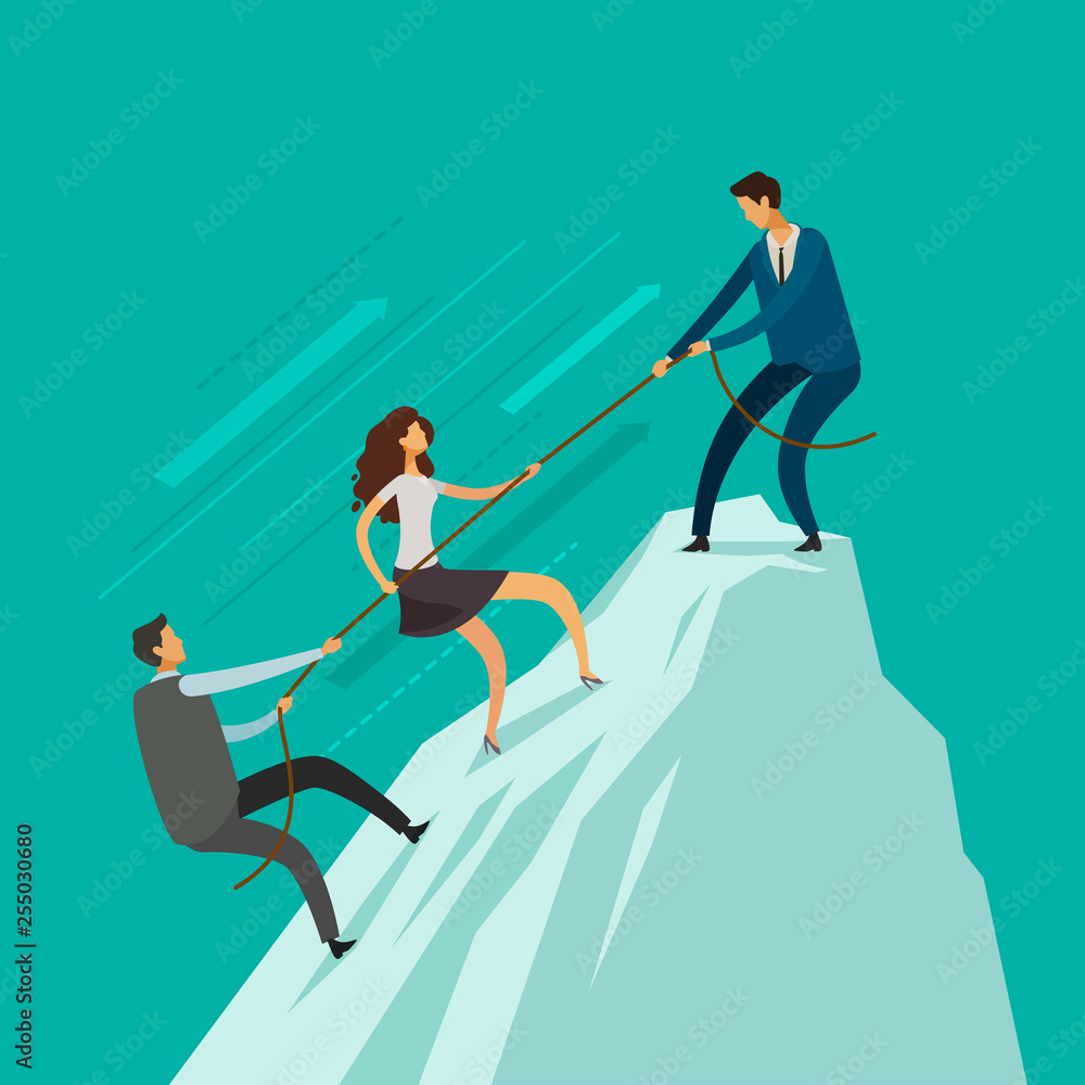 Business people is helping each other to the top of mountain. Teamwork concept. Climbing up, infographics vector illustration