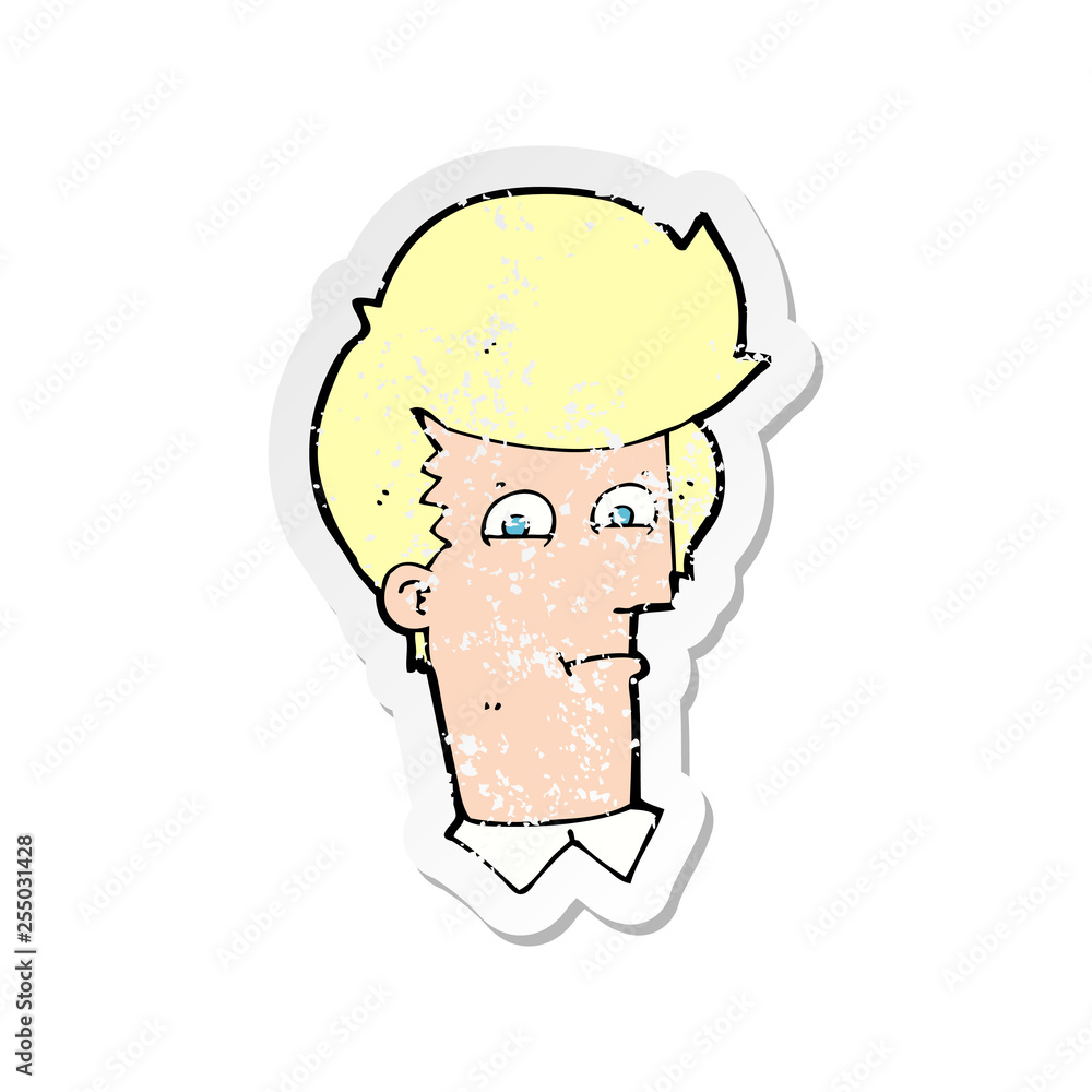 retro distressed sticker of a cartoon man narrowing eyes retro distressed sticker of a cartoon man narrowing eyes