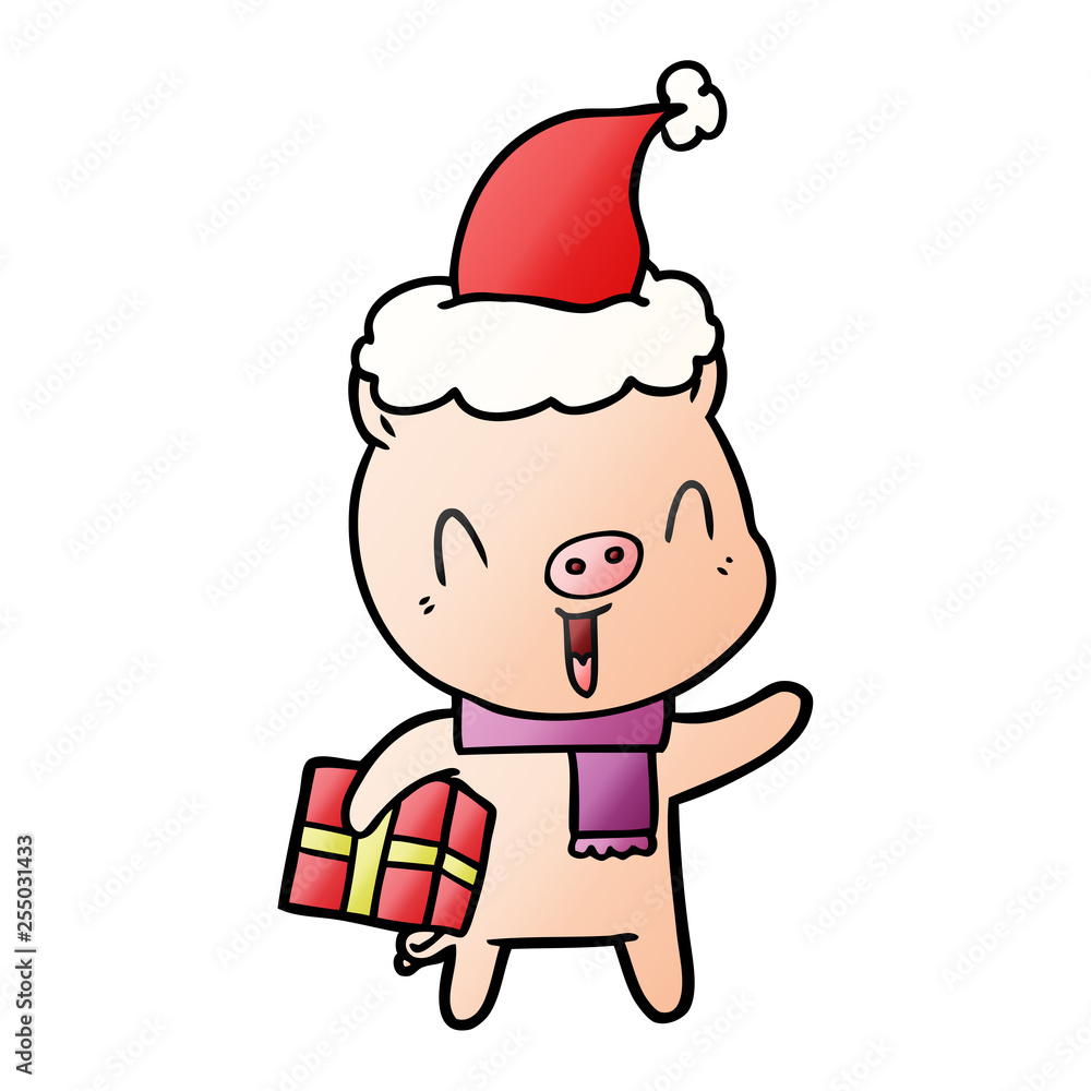 happy gradient cartoon of a pig with xmas present wearing santa hat happy gradient cartoon of a pig with xmas present wearing santa hat