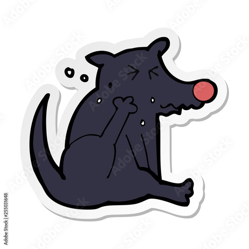sticker of a cartoon dog scratching