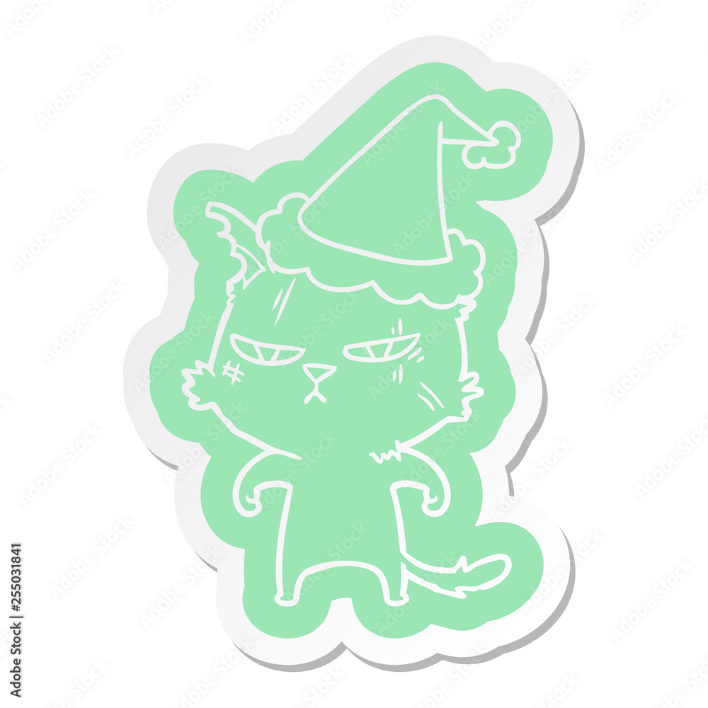 tough cartoon  sticker of a cat wearing santa hat