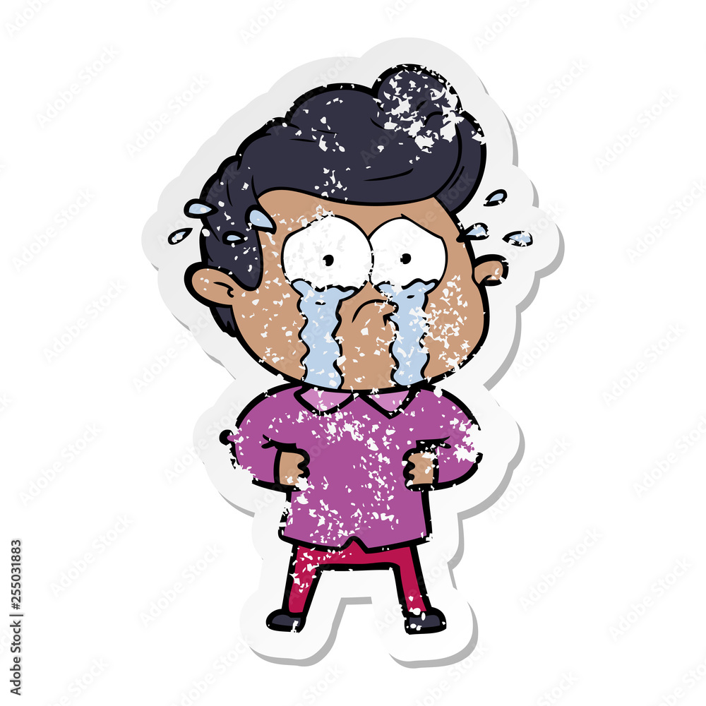 Obraz premium distressed sticker of a cartoon crying man with hands on hips