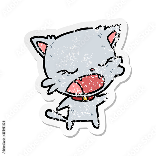 distressed sticker of a cartoon cat talking