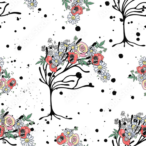 Vector hand drawn seamless pattern graphic illustration of tree with flowers leaves branch, rose, poppy Sketch drawing, doodle style Artistic abstract, watercolor wirh drip blot splotch ink splodge 