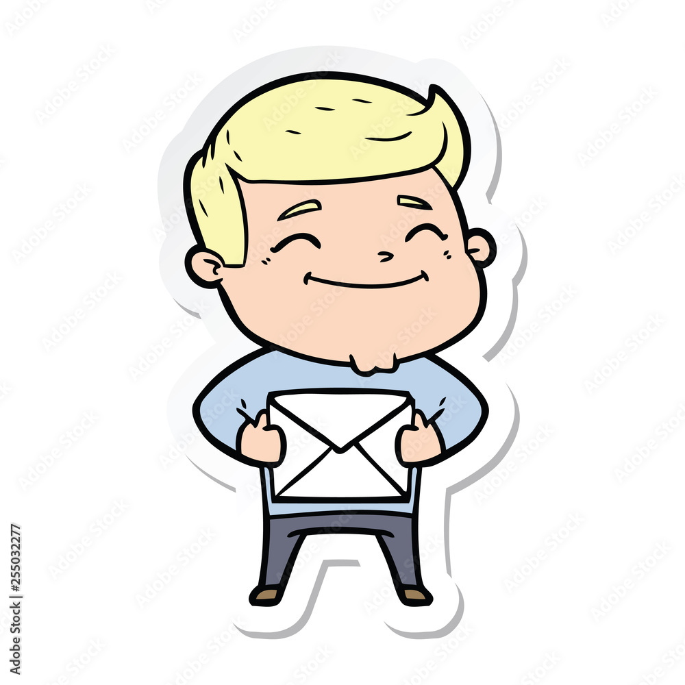 sticker of a happy cartoon man with parcel sticker of a happy cartoon man with parcel