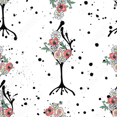 Vector hand drawn seamless pattern graphic illustration of tree with flowers leaves branch, rose, poppy Sketch drawing, doodle style Artistic abstract, watercolor wirh drip blot splotch ink splodge 