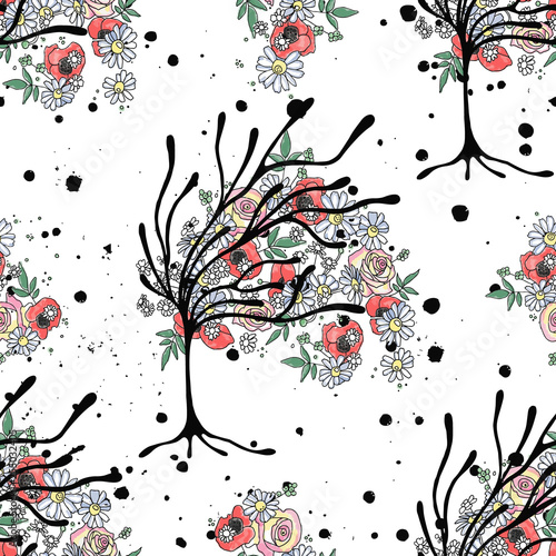 Vector hand drawn seamless pattern graphic illustration of tree with flowers leaves branch, rose, poppy Sketch drawing, doodle style Artistic abstract, watercolor wirh drip blot splotch ink splodge 
