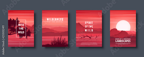 Mountains and forest. Wild nature landscape. Travel and adventure.Panorama. Into the woods. Horizon line.Trees,fog. Vector illustration.