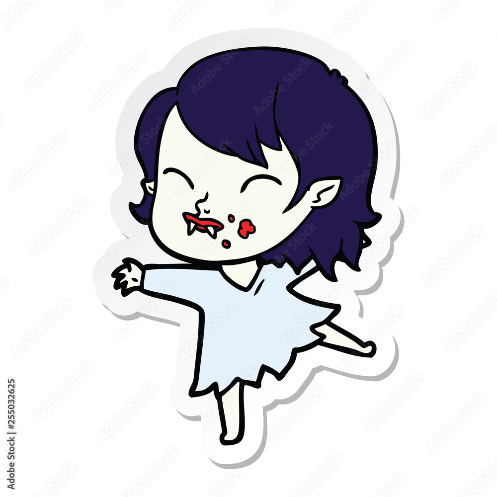 sticker of a cartoon vampire girl with blood on cheek sticker of a cartoon vampire girl with blood on cheek