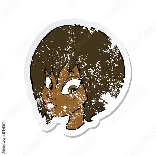retro distressed sticker of a cartoon pretty female face pouting