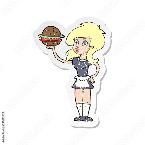 retro distressed sticker of a cartoon waitress with burger