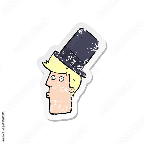 retro distressed sticker of a cartoon man wearing top hat