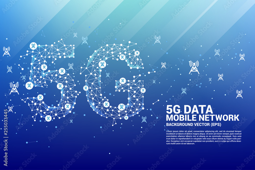 Obraz premium PrintVector Polygon dot connect line shaped 5G mobile network with antenna tower icon. Concept for telecom technology.