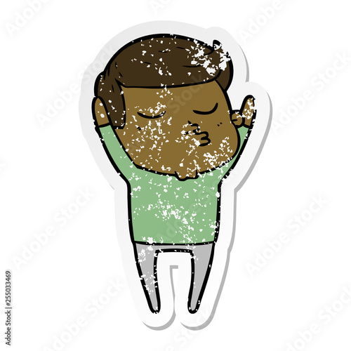 distressed sticker of a cartoon model guy pouting