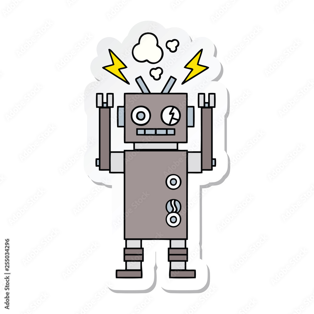 sticker of a cute cartoon malfunctioning robot sticker of a cute cartoon malfunctioning robot