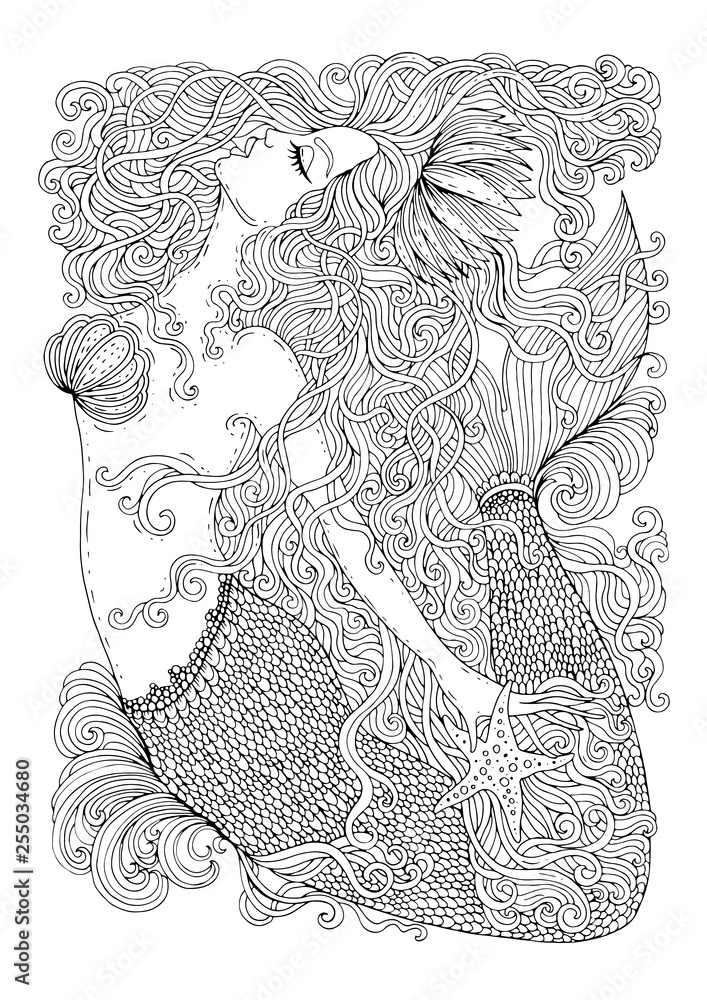 Vector drawing fantastic sea mermaid with long wavy hair. Ornamental ...