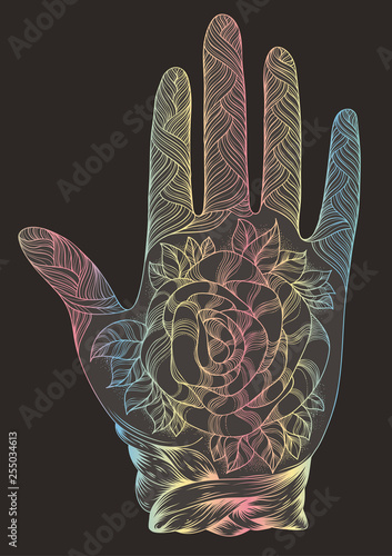 Vector hand drawn tattooed arm with a rose andweave patterns. Pattern page A4 size Indian traditional lifestyle. Ornament Decorated dark silhouette with colourful gradient line 