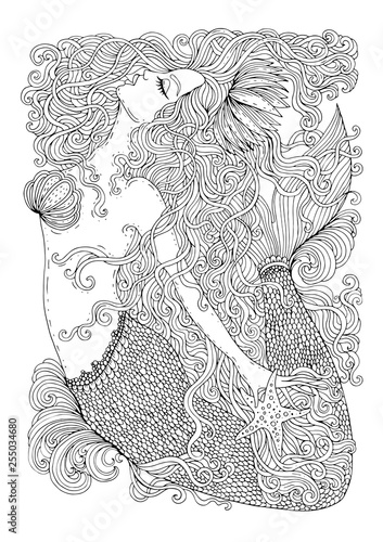 Vector drawing fantastic sea mermaid with long wavy hair. Ornamental decorated graphic illustration of a mermaid tattoo. Coloring  page sea nymph. For print t-shirts. Fairy tale mythical characters.