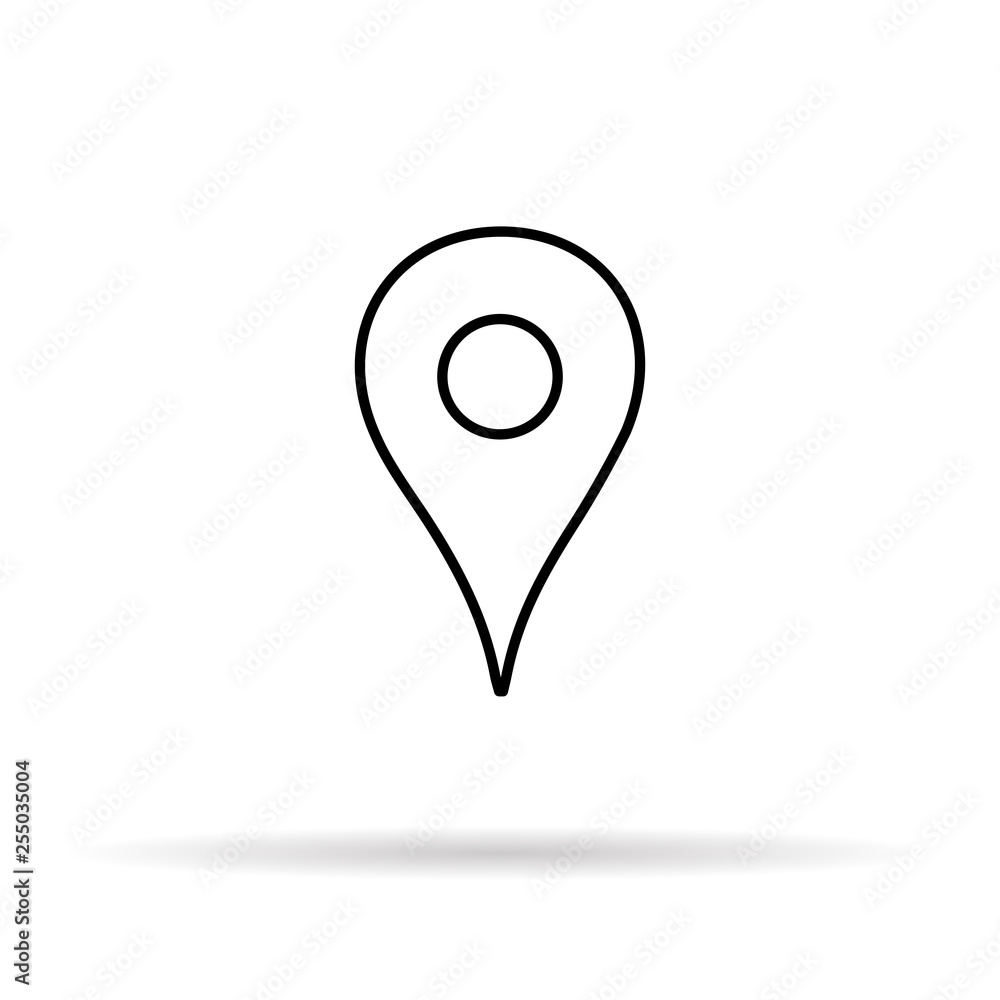 Pin icon black with shadow. Location object icon. Minimalism style. Vector illustration. Outline sketch. Image of thin lines. EPS 10 Pin icon black with shadow. Location object icon. Minimalism style. Vector illustration. Outline sketch. Image of thin lines. EPS 10