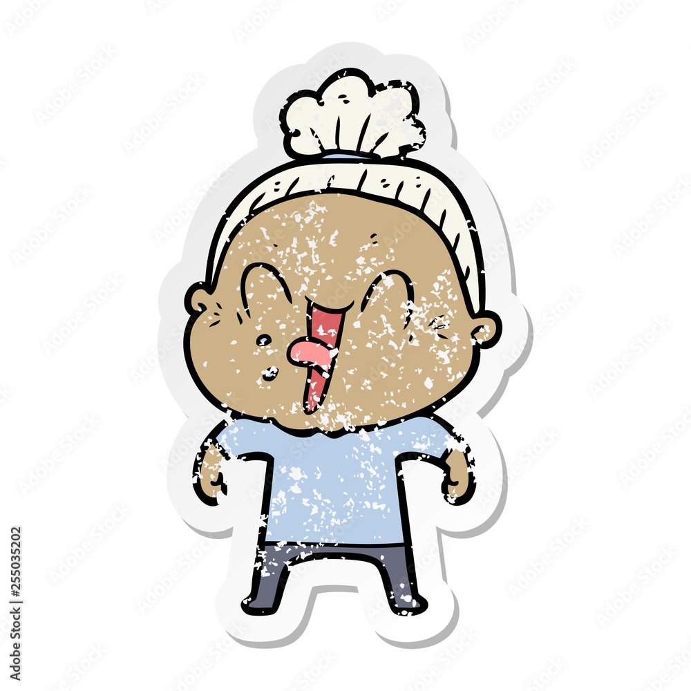 distressed sticker of a cartoon happy old woman distressed sticker of a cartoon happy old woman