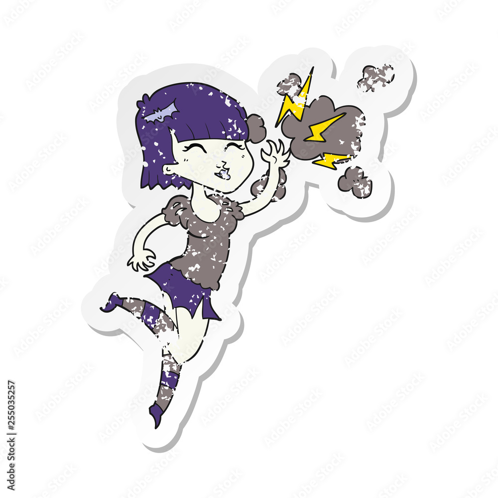 retro distressed sticker of a cartoon vampire girl flying