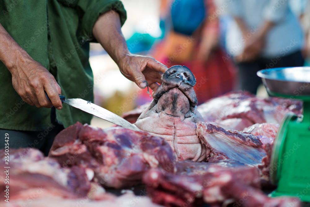 Vietnamese butcher with a piece of pig meat. Meatman cutting pig snout in a food market in Sapa, Lao Cai, Vietnam