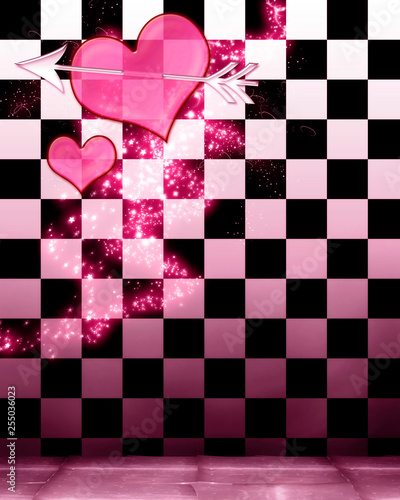 3d illustration graphic background of hearts and black and white wall