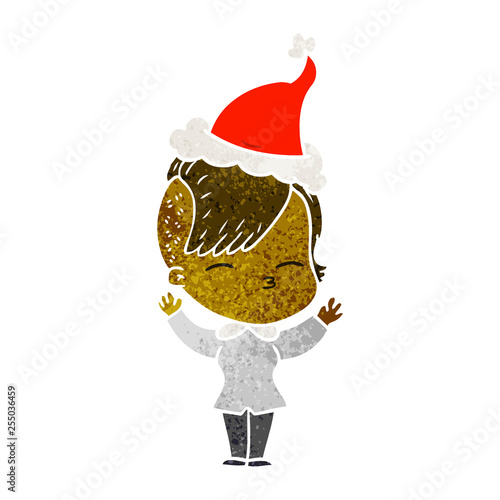 retro cartoon of a squinting girl wearing santa hat