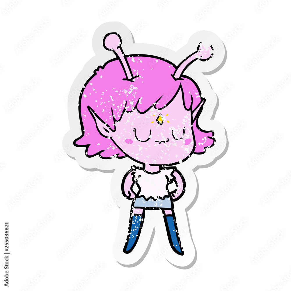 distressed sticker of a cartoon alien girl distressed sticker of a cartoon alien girl