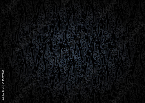 Vector floral background of stylized leaves pattern in Royal, Damascus style. Floral, organic vintage with gradient in dark, gothic black colors