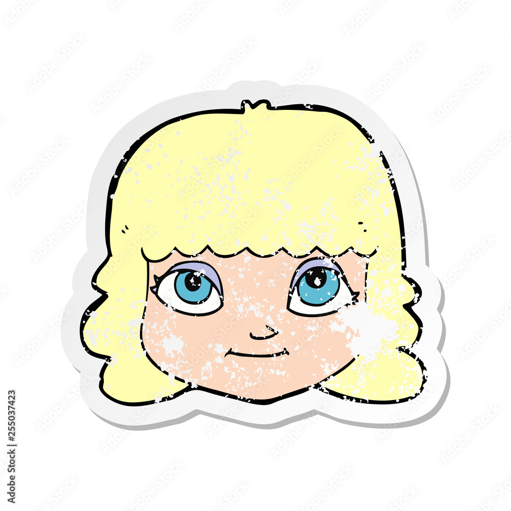 retro distressed sticker of a cartoon happy female face retro distressed sticker of a cartoon happy female face