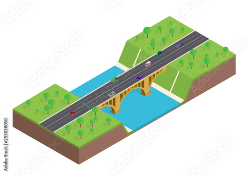 Isometric bridge over the river with car and trees