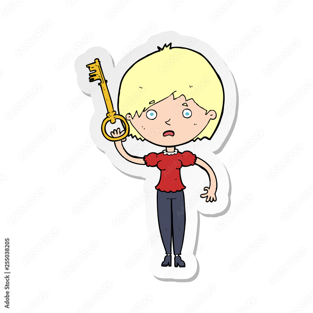 sticker of a cartoon woman with key sticker of a cartoon woman with key