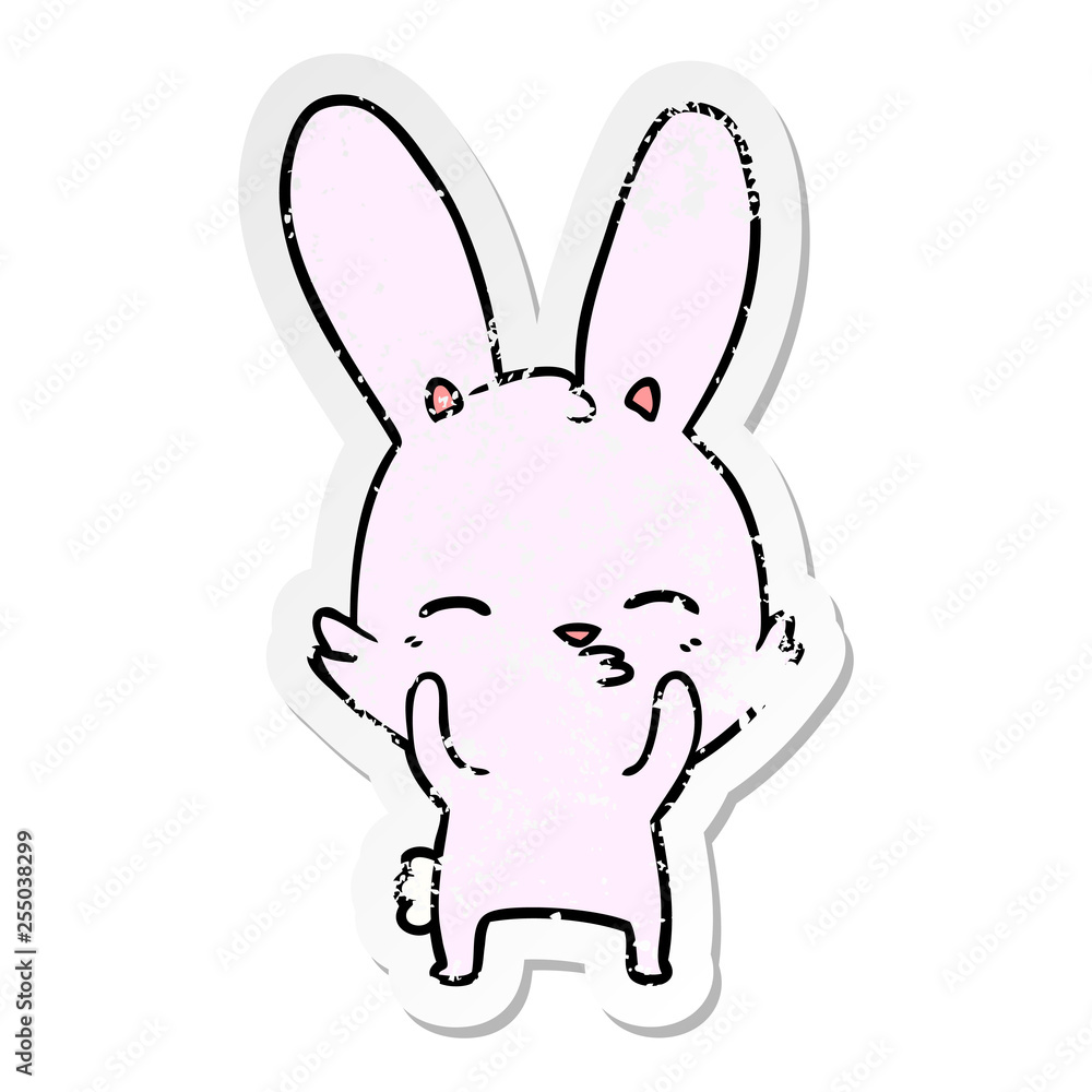 distressed sticker of a curious waving bunny cartoon distressed sticker of a curious waving bunny cartoon