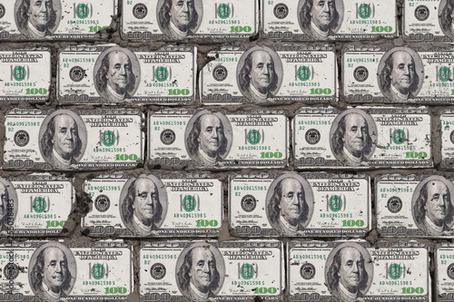 Realistic wall of blocks in form of one hundred dollars. Bricks from money art concept.