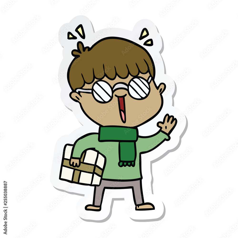 sticker of a cartoon boy with parcel waving sticker of a cartoon boy with parcel waving