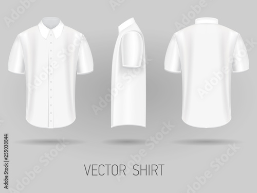 white short sleeve shirt design templates front, back, and side views vector mock up